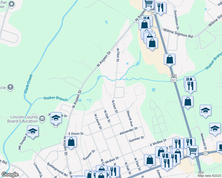 map of restaurants, bars, coffee shops, grocery stores, and more near 911 North Flint Street in Lincolnton