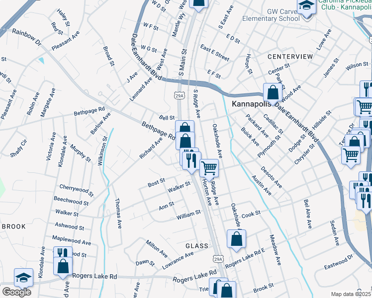 map of restaurants, bars, coffee shops, grocery stores, and more near 827 South Main Street in Kannapolis