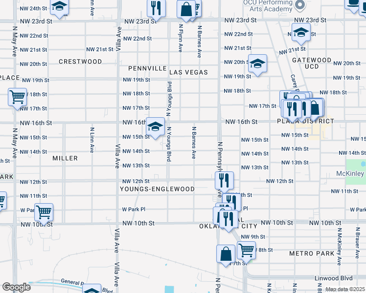 map of restaurants, bars, coffee shops, grocery stores, and more near 2221 Northwest 14th Street in Oklahoma City