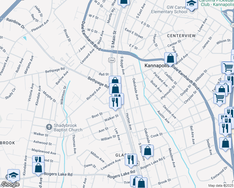 map of restaurants, bars, coffee shops, grocery stores, and more near 827 South Main Street in Kannapolis