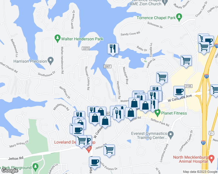 map of restaurants, bars, coffee shops, grocery stores, and more near 19827 Henderson Road in Cornelius