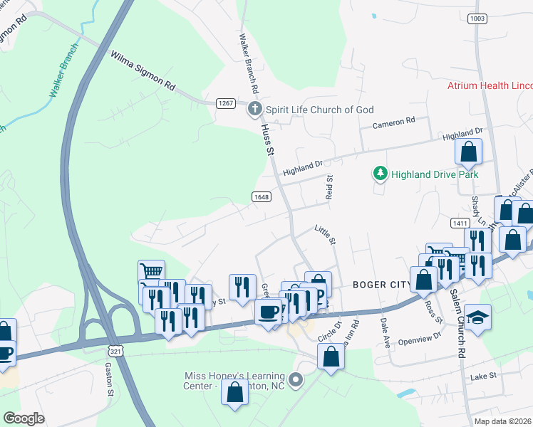 map of restaurants, bars, coffee shops, grocery stores, and more near 121 Davis Street in Lincolnton