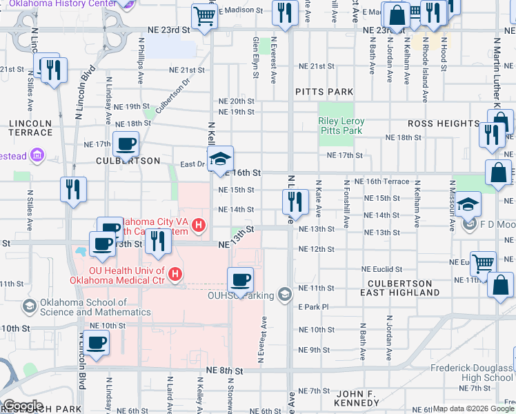 map of restaurants, bars, coffee shops, grocery stores, and more near 1213 Northeast 14th Street in Oklahoma City