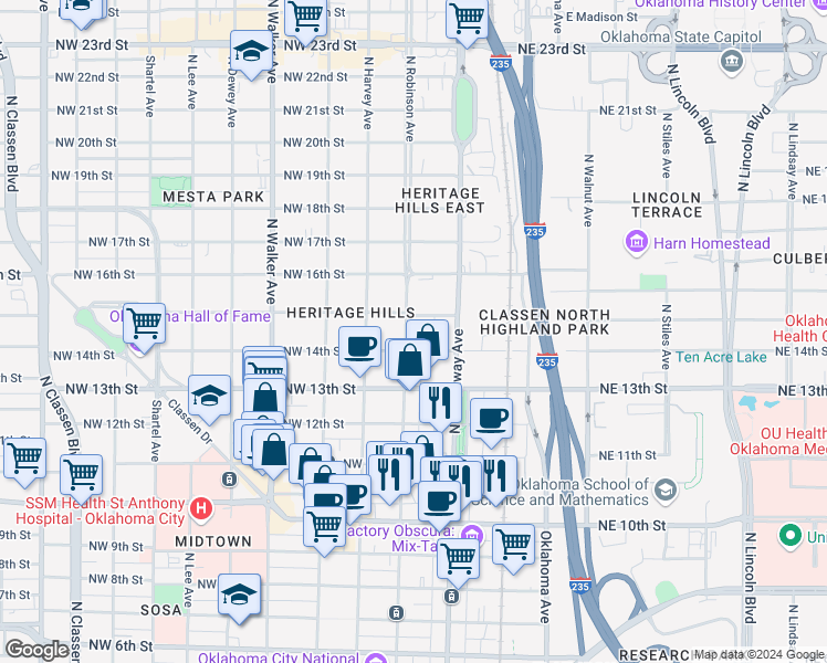 map of restaurants, bars, coffee shops, grocery stores, and more near 111 Northwest 14th Street in Oklahoma City