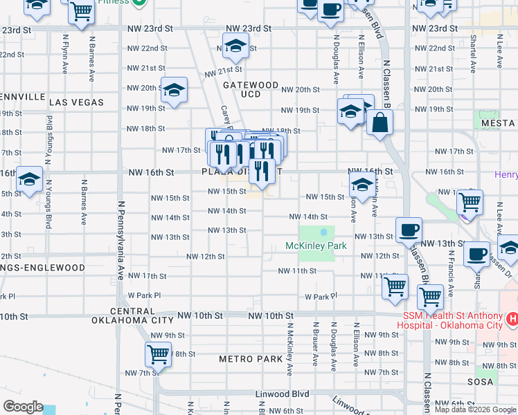 map of restaurants, bars, coffee shops, grocery stores, and more near 1419 North Blackwelder Avenue in Oklahoma City