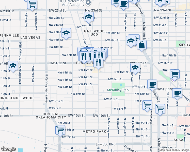 map of restaurants, bars, coffee shops, grocery stores, and more near 1419 North Blackwelder Avenue in Oklahoma City