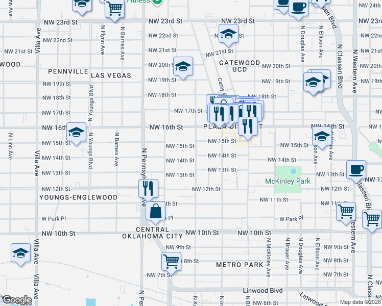 map of restaurants, bars, coffee shops, grocery stores, and more near 1505 North Kentucky Avenue in Oklahoma City