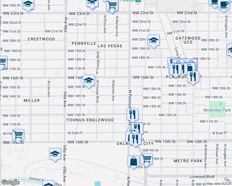 map of restaurants, bars, coffee shops, grocery stores, and more near 2141 Northwest 14th Street in Oklahoma City