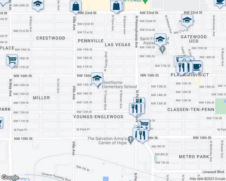 map of restaurants, bars, coffee shops, grocery stores, and more near 2221 Northwest 14th Street in Oklahoma City