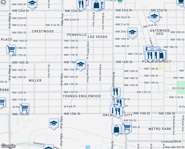 map of restaurants, bars, coffee shops, grocery stores, and more near 2221 Northwest 14th Street in Oklahoma City
