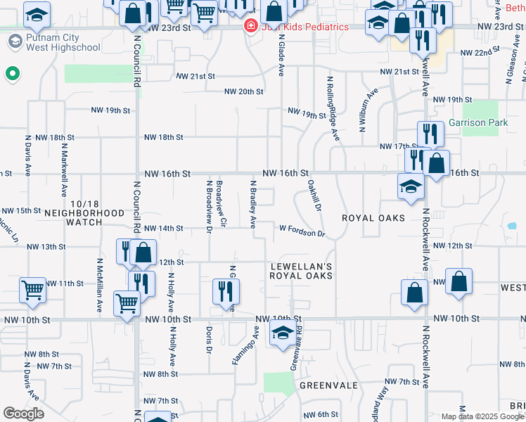 map of restaurants, bars, coffee shops, grocery stores, and more near 1512 North Bradley Avenue in Oklahoma City
