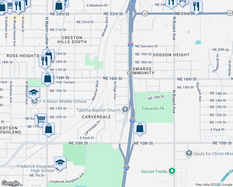 map of restaurants, bars, coffee shops, grocery stores, and more near 2501 Northeast 14th Street in Oklahoma City