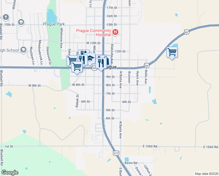 map of restaurants, bars, coffee shops, grocery stores, and more near 710 Jim Thorpe Boulevard in Prague
