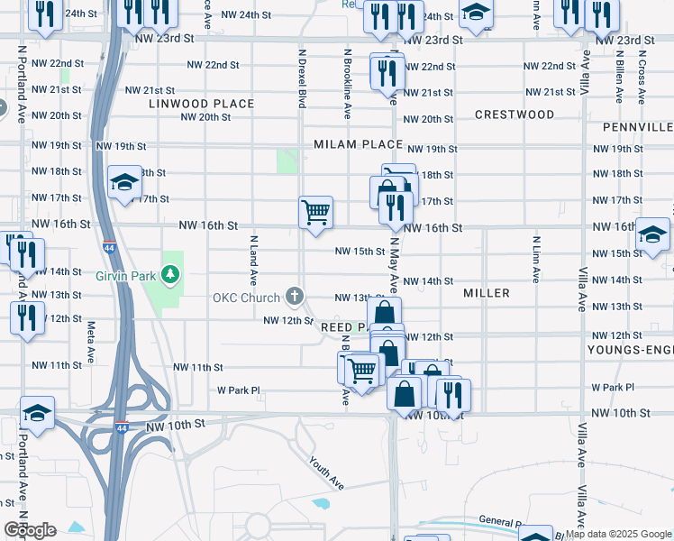 map of restaurants, bars, coffee shops, grocery stores, and more near 3028 Northwest 14th Street in Oklahoma City