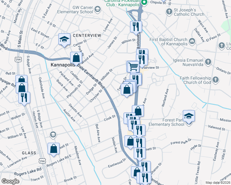 map of restaurants, bars, coffee shops, grocery stores, and more near 611 Terrace Drive in Kannapolis