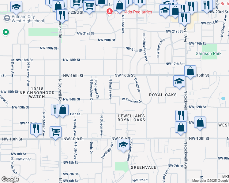 map of restaurants, bars, coffee shops, grocery stores, and more near 1512 North Bradley Avenue in Oklahoma City