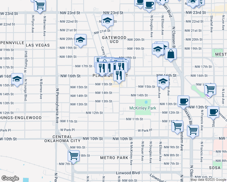 map of restaurants, bars, coffee shops, grocery stores, and more near 1715 Northwest 14th Street in Oklahoma City