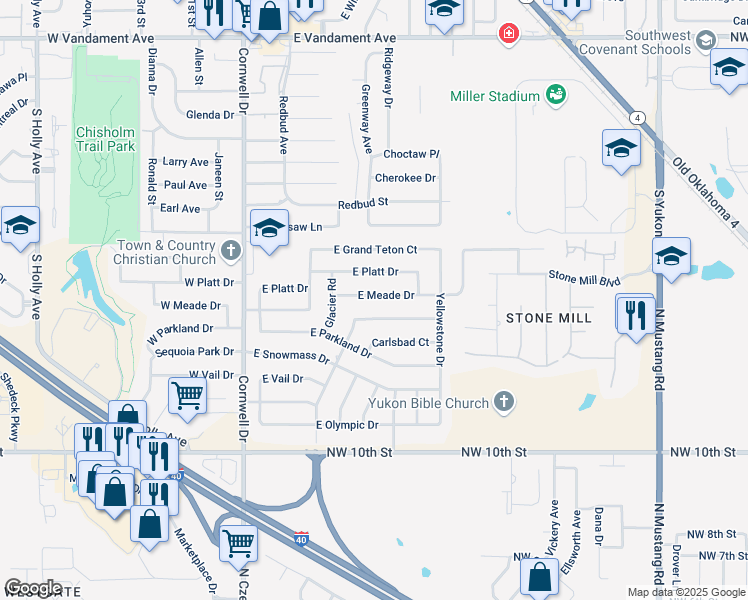 map of restaurants, bars, coffee shops, grocery stores, and more near 300 East Meade Drive in Yukon