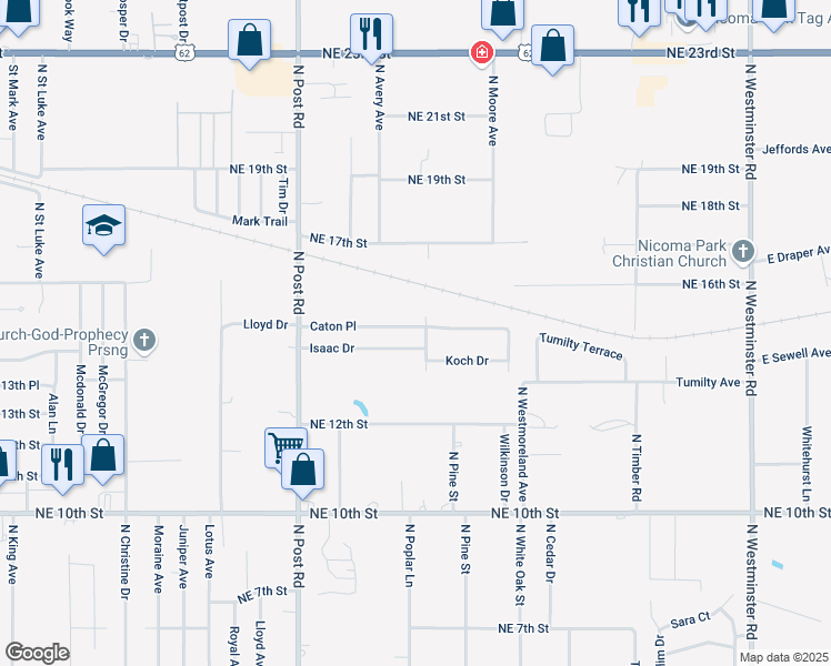 map of restaurants, bars, coffee shops, grocery stores, and more near 10221 Isaac Drive in Midwest City