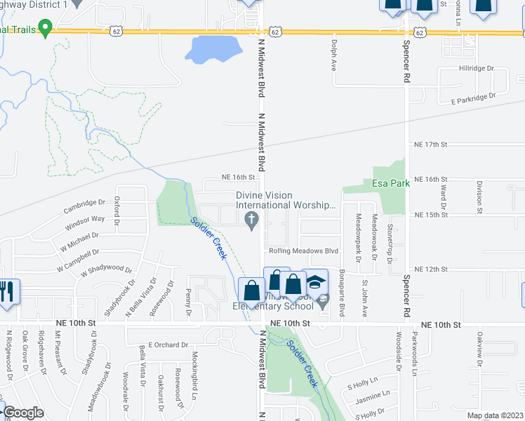 map of restaurants, bars, coffee shops, grocery stores, and more near 1400 North Midwest Boulevard in Oklahoma City