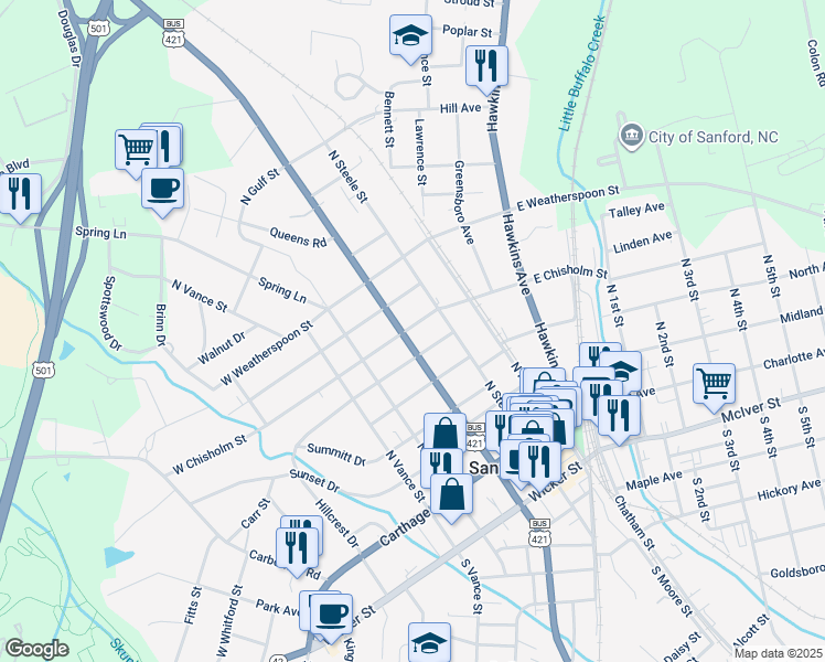 map of restaurants, bars, coffee shops, grocery stores, and more near 215 West Chisholm Street in Sanford