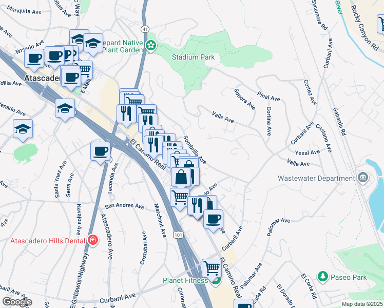map of restaurants, bars, coffee shops, grocery stores, and more near 7380 Sombrilla Avenue in Atascadero