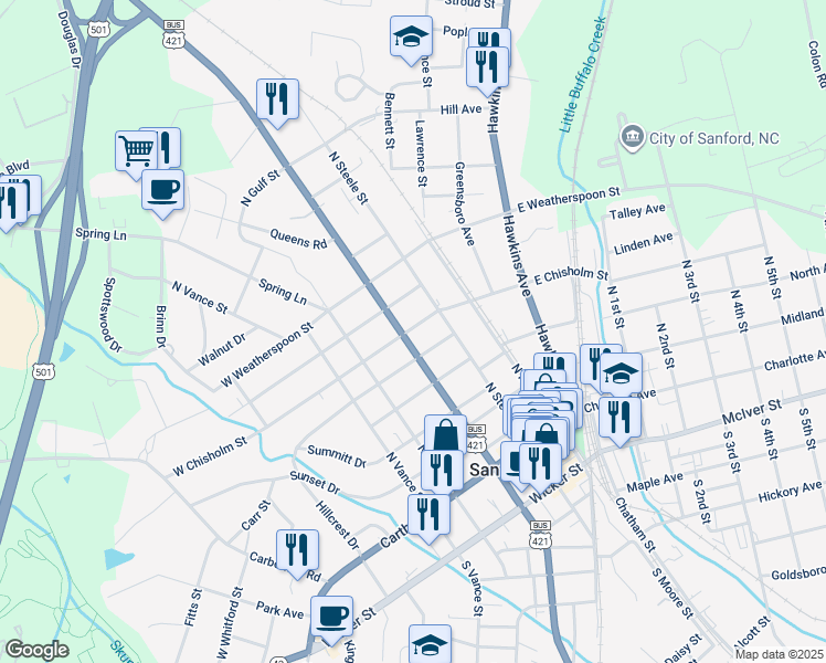 map of restaurants, bars, coffee shops, grocery stores, and more near 215 West Chisholm Street in Sanford