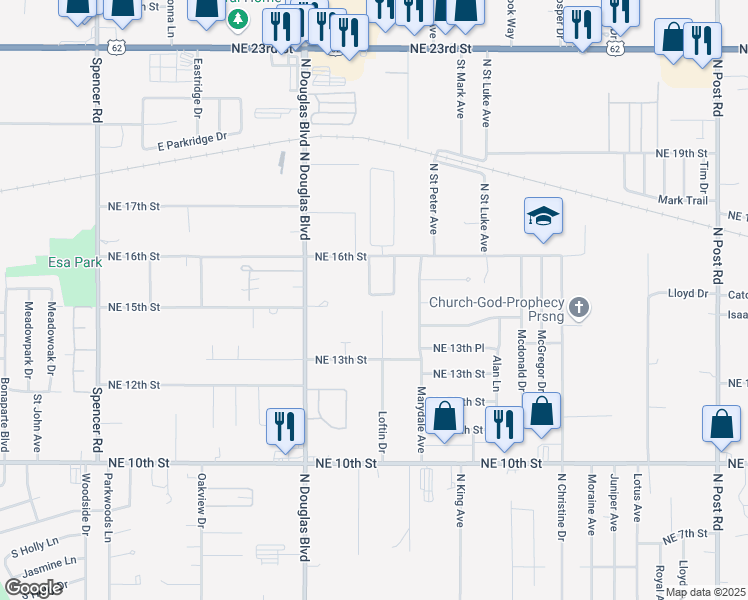 map of restaurants, bars, coffee shops, grocery stores, and more near 9112 Northeast Jennifer Place in Midwest City