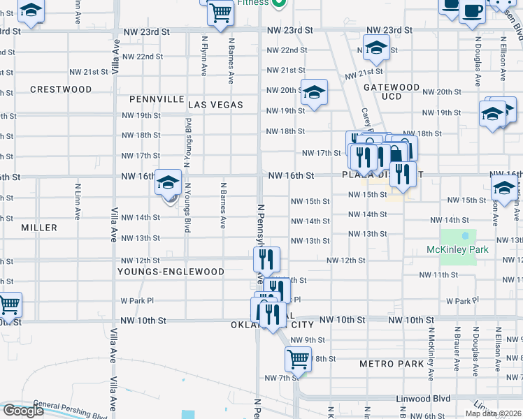 map of restaurants, bars, coffee shops, grocery stores, and more near 1501 North Pennsylvania Avenue in Oklahoma City