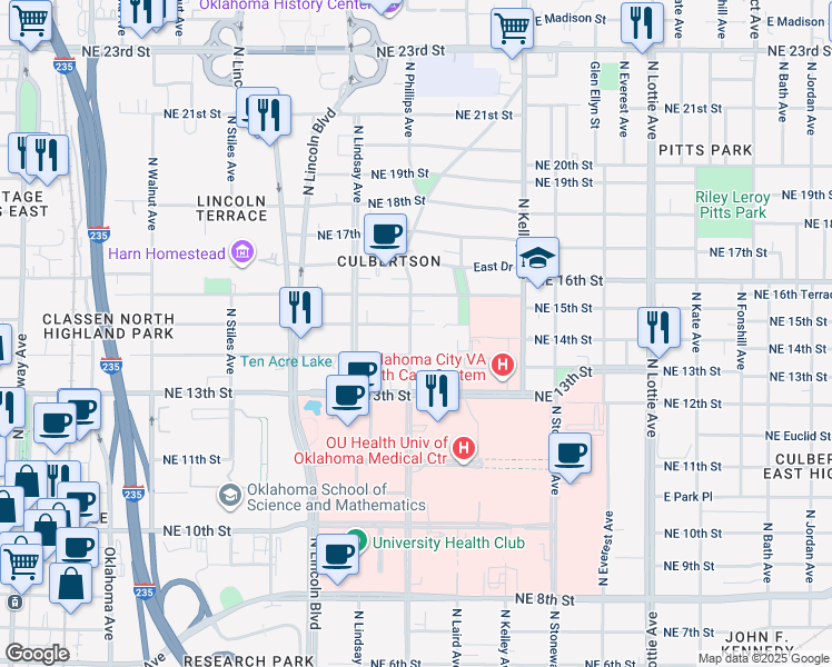 map of restaurants, bars, coffee shops, grocery stores, and more near 800 NE 15th St in Oklahoma City