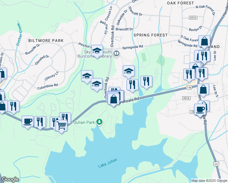 map of restaurants, bars, coffee shops, grocery stores, and more near 308 Overlook Road in Asheville