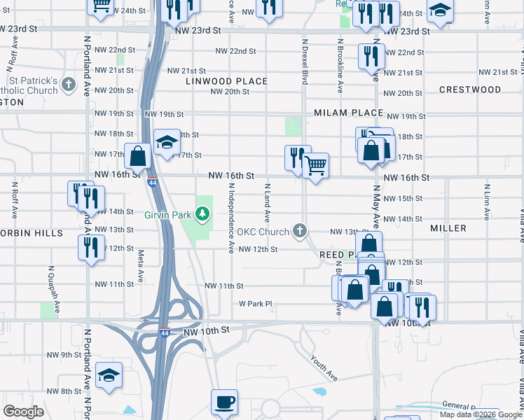 map of restaurants, bars, coffee shops, grocery stores, and more near 3140 Northwest 14th Street in Oklahoma City