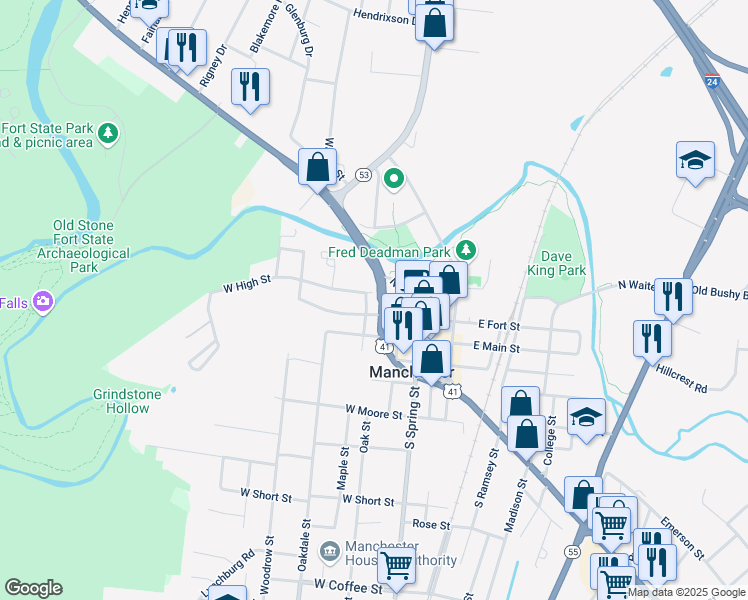 map of restaurants, bars, coffee shops, grocery stores, and more near 203 North Irwin Street in Manchester