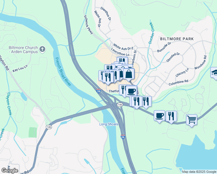 map of restaurants, bars, coffee shops, grocery stores, and more near 43 Town Square Boulevard in Asheville