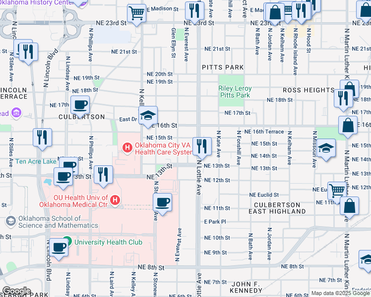 map of restaurants, bars, coffee shops, grocery stores, and more near 1213 Northeast 14th Street in Oklahoma City