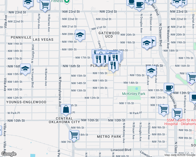 map of restaurants, bars, coffee shops, grocery stores, and more near 1816 Northwest 14th Street in Oklahoma City