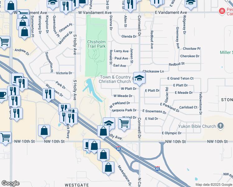 map of restaurants, bars, coffee shops, grocery stores, and more near 212 West Meade Drive in Yukon