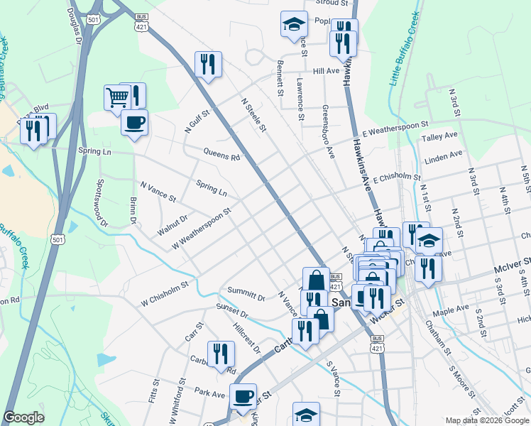 map of restaurants, bars, coffee shops, grocery stores, and more near 310 West Chisholm Street in Sanford