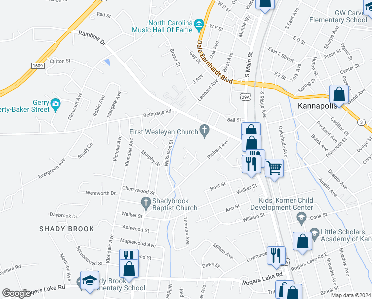 map of restaurants, bars, coffee shops, grocery stores, and more near 450 Cabarrus Arms Drive in Kannapolis