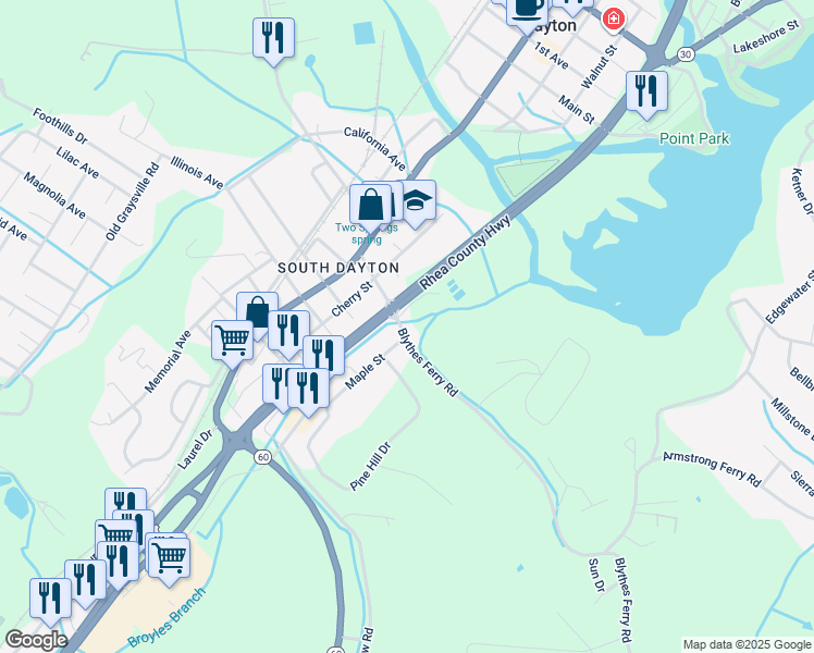 map of restaurants, bars, coffee shops, grocery stores, and more near 115 Blythes Ferry Road in Dayton