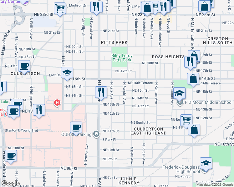 map of restaurants, bars, coffee shops, grocery stores, and more near 1432 Northeast 14th Street in Oklahoma City