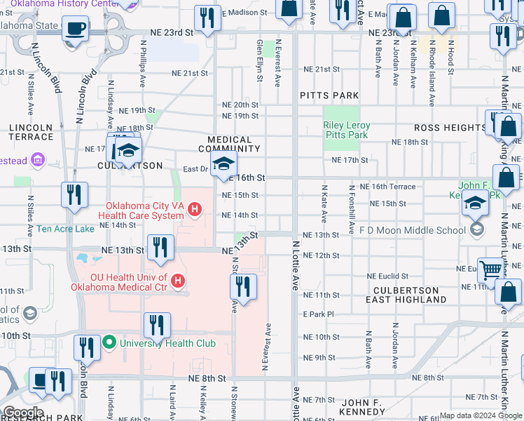 map of restaurants, bars, coffee shops, grocery stores, and more near 1213 Northeast 14th Street in Oklahoma City