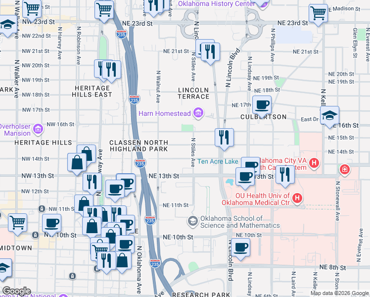map of restaurants, bars, coffee shops, grocery stores, and more near 325 Northeast 14th Street in Oklahoma City