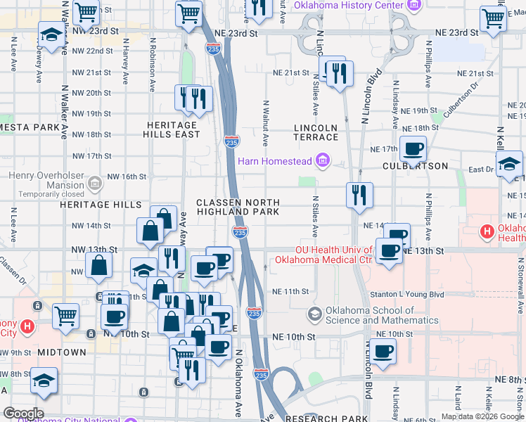 map of restaurants, bars, coffee shops, grocery stores, and more near 145 Northeast 14th Street in Oklahoma City