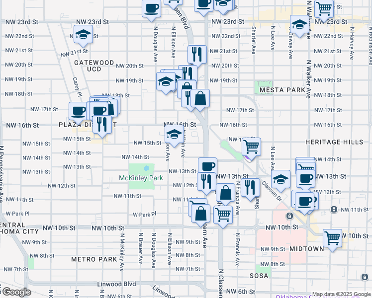 map of restaurants, bars, coffee shops, grocery stores, and more near 1127 Northwest 14th Street in Oklahoma City