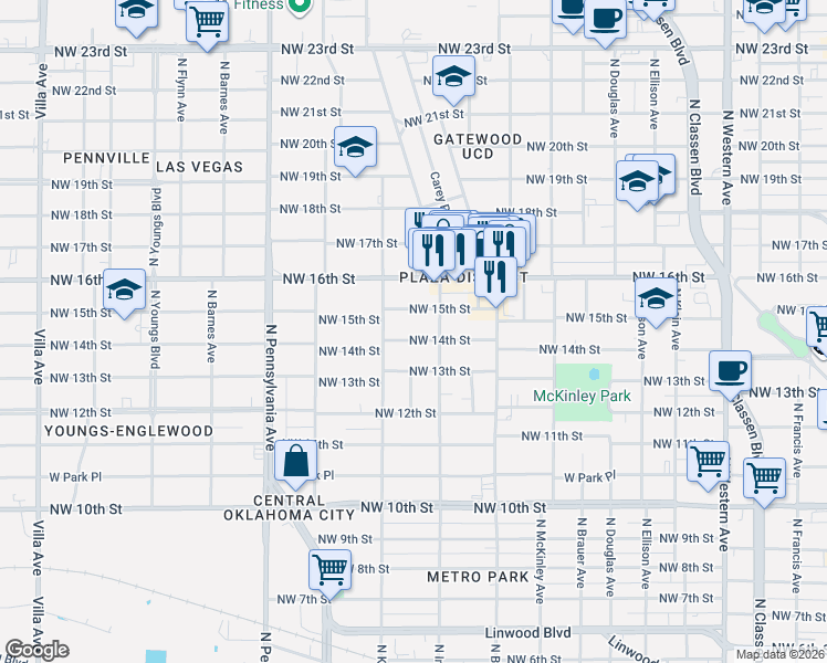 map of restaurants, bars, coffee shops, grocery stores, and more near 1816 Northwest 14th Street in Oklahoma City