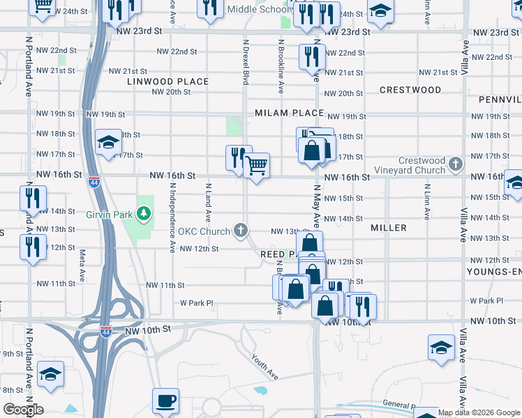 map of restaurants, bars, coffee shops, grocery stores, and more near 3028 Northwest 14th Street in Oklahoma City