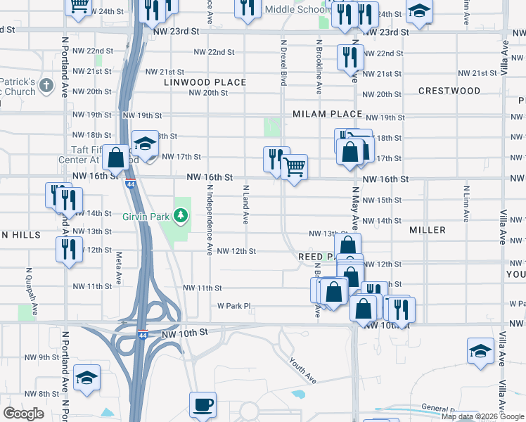 map of restaurants, bars, coffee shops, grocery stores, and more near 3140 Northwest 14th Street in Oklahoma City