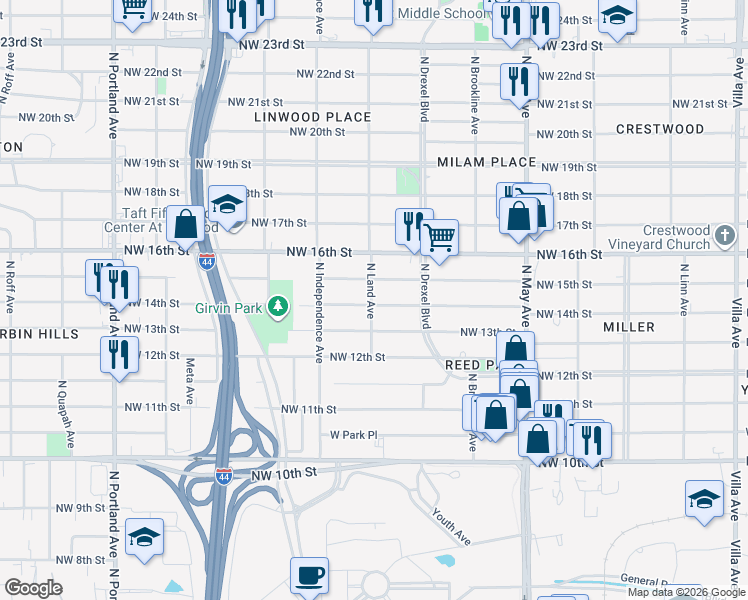 map of restaurants, bars, coffee shops, grocery stores, and more near 3140 Northwest 14th Street in Oklahoma City