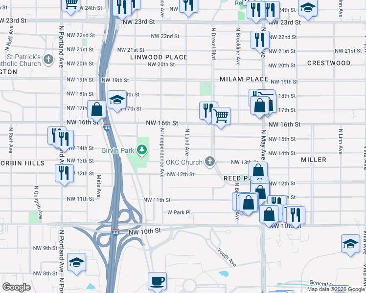 map of restaurants, bars, coffee shops, grocery stores, and more near 3140 Northwest 14th Street in Oklahoma City
